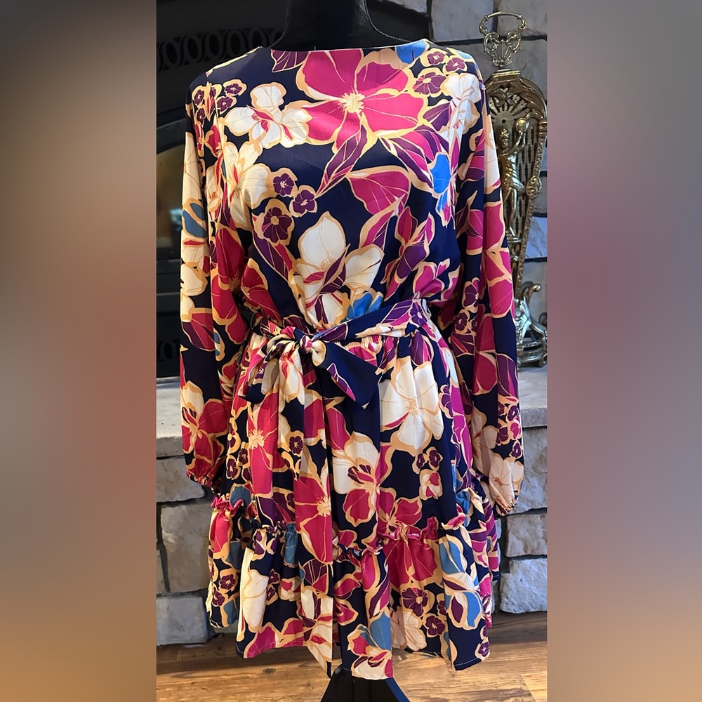 Baltic Born Navy Floral Mini Dress with Pink and Cream Blooms